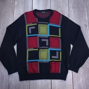 Tosani Sweater Mens Large Black Multi Geometric Abstract Combed Cotton Pullover